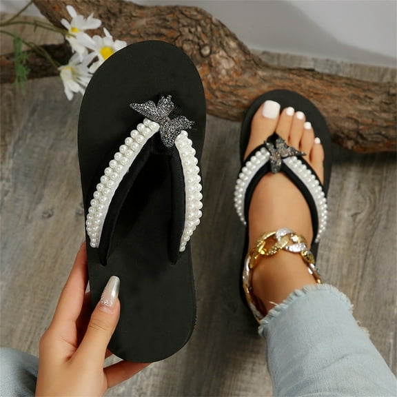 XIMIN New Women's Rhinestone Platform Sandals High | Low Platform T-Strap Jewel Sandals High Wedge Beach Flip Flops Summer Vacation Footwear (6.5, Black)
