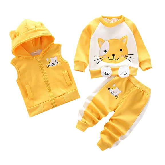 XIMIN Newborn 3 Piece Flannel Set Cat Print Pullover Sweatshirt Hooded Zipper Vest Jackets and Elastic Waist Pants Toddler Fall Outfits for Boys Girls