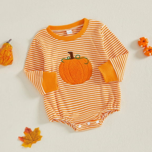 XIMIN Newborn Baby Boy Halloween Outfit Onesie Bubble Romper Bodysuit Long Sleeve Striped Waffle Pumpkin Sweatshirt Bubble Romper Fall Clothes