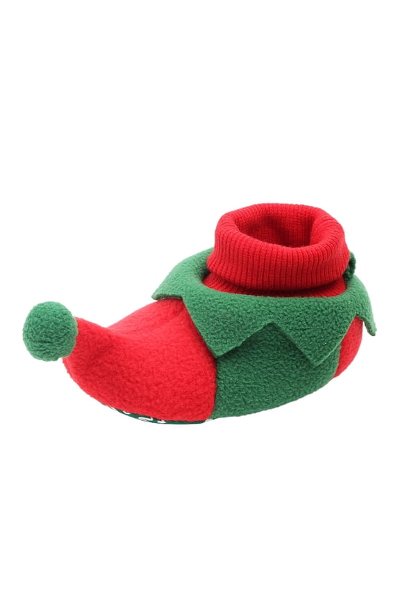 Newborn Baby Christmas Shoes Santa Slippers Booties Red & Green Shoes Trimmed with POm-Poms and Vinyl Bottoms Elf Fleece Shoes Winter Warm First Walking Shoes