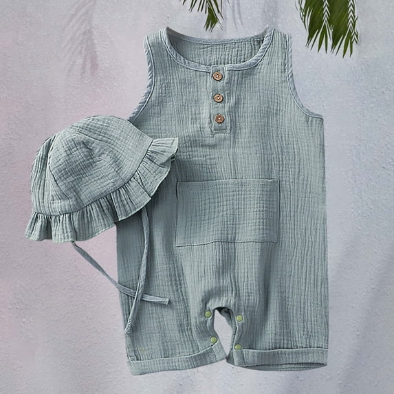 XIMIN Newborn Baby Cotton Linen Jumpsuit with Hat Summer Sleeveless Button Romper Overalls Infant Soft Cute Plain Outfits