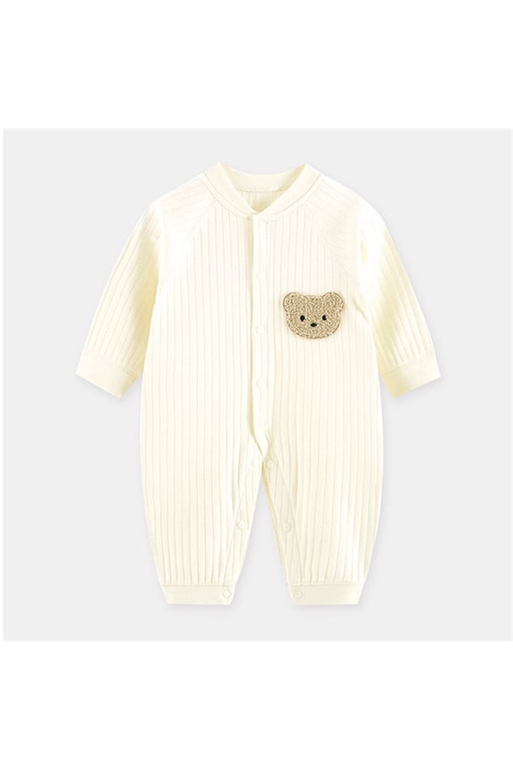Newborn Baby Cotton Onesie, Cute Bear Patched Casual Long Sleeve Bodysuit, Toddler & Infant Boy's Girl's Comfortable Clothing ﻿