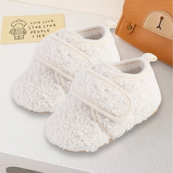 XIMIN Newborn Baby Fleece Fluffy Shoes First Walking Crib Shoes Non-Slip Lace Up Flat Shoes Adjustable Buckle Strap Fall Winter Warm Non-Slip Sneakers