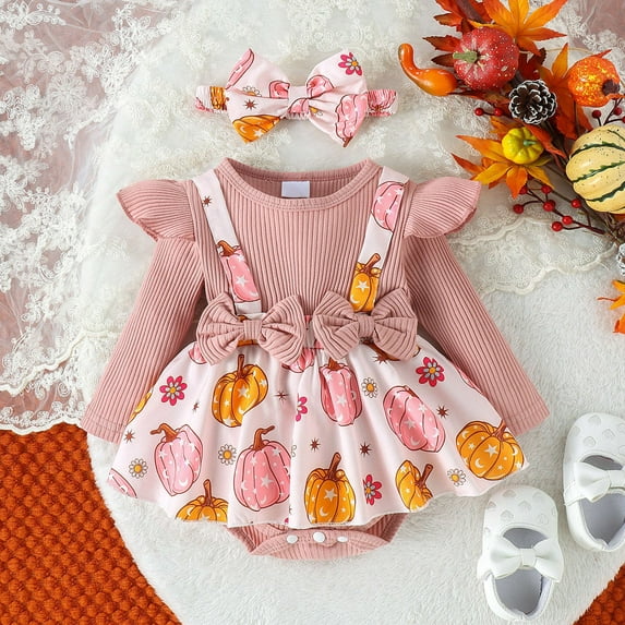 XIMIN Newborn Baby Girl Halloween Knit Dress Outfit Bowknot Ruffle Long Sleeve Ghost Flower Print Ribbed Romper Dress with Headband Toddler Girls Fall Clothes