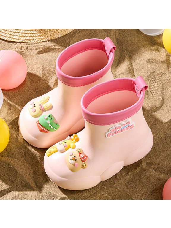 Roller Rubber Easy on Rain Boots for Toddler Baby Girls Cartoon Giraffe Bear Pattern Waterproof Booties Mid Length Non Slip Winter Spring Fashion Cute Shoes