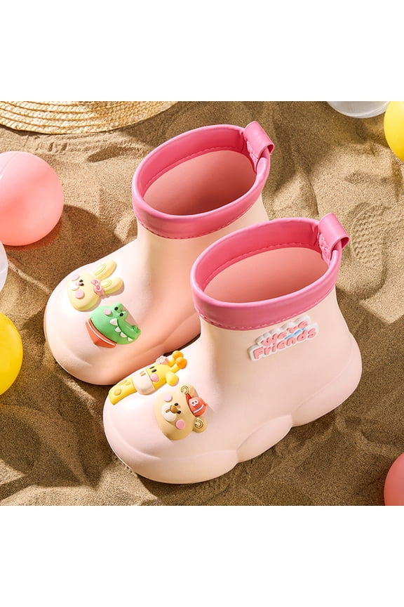 Roller Rubber Easy on Rain Boots for Toddler Baby Girls Cartoon Giraffe Bear Pattern Waterproof Booties Mid Length Non Slip Winter Spring Fashion Cute Shoes