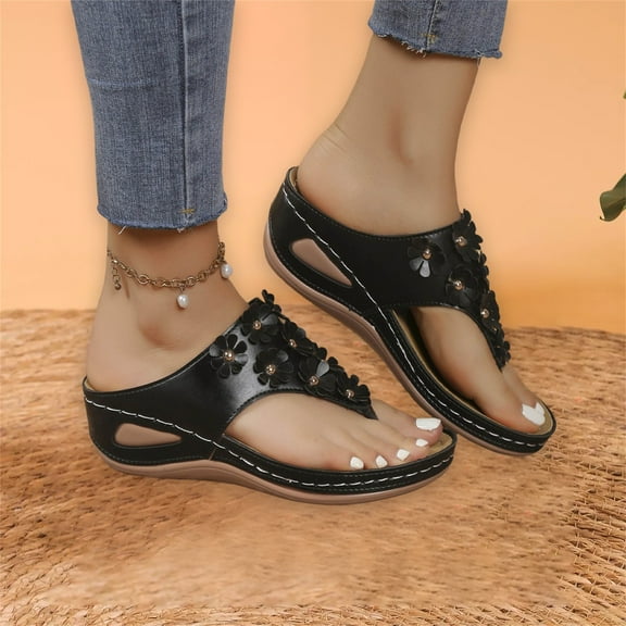 XIMIN Sandals for Women Wedge Shoes: Multiple Flowers Decor Comfortable Orthopedic Sandals Womens Dressy Summer Flip Flops Casual Walking Wedges (6.5, Black)