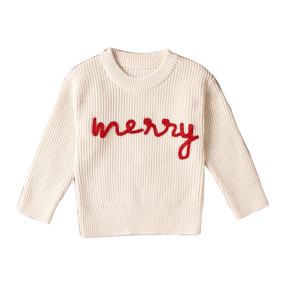 XIMIN Simple Children's Sweater Boys Girls Babies Toddlers Christmas Vintage Style Letters Merry Embroidery Warm Sweater Children's Thick Sweater