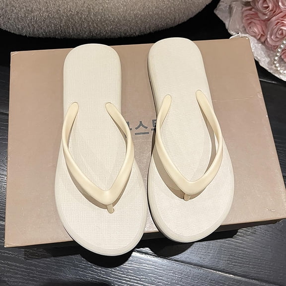 XIMIN Slim Flip Flops for Women, Ladies Shower Slippers Flat Sandals for Summer Bathroom Beach Pool, Ultra Lightweight Basic Rubber Soft Slide Slip-on Shoes (5.5-6, Beige)