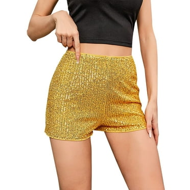 XIMIN Soccer Shorts for Ladies High Waisted Sequin Shorts for Women Elastic Straight Leg Sparkly Glitter Party Shorts Yoga Shorts
