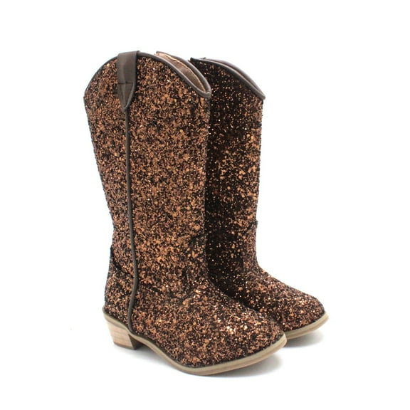 XIMIN Sparkly Boots for Girls Cowboy Boots Square Toe Kids Boots Embroidered Western Boots Cow Girl Boots Mid Calf Boots Girl Cowboy Boots (10.5-11 Years, Khaki)