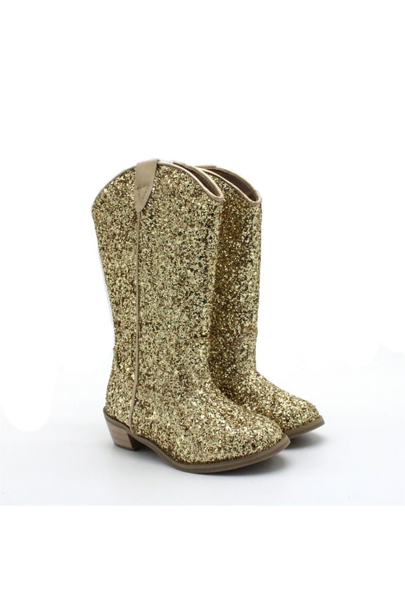 Sparkly Boots for Girls Cowboy Boots Square Toe Kids Boots Embroidered Western Boots Cow Girl Boots Mid Calf Boots Girl Cowboy Boots (18-24 Months, Gold)