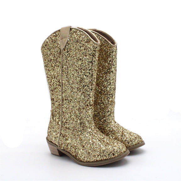 XIMIN Sparkly Boots for Girls Cowboy Boots Square Toe Kids Boots Embroidered Western Boots Cow Girl Boots Mid Calf Boots Girl Cowboy Boots (7-8 Years, Gold)