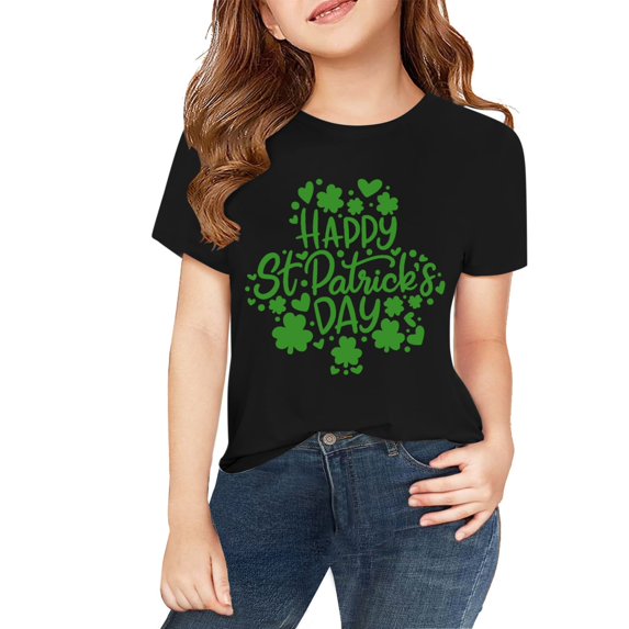 XIMIN St. Patrick's Day Festive Clover-Shaped "Happy" Kids' T-Shirt - Green Graphic, Soft Short-Sleeve Crew Neck Top for Boys & Girls