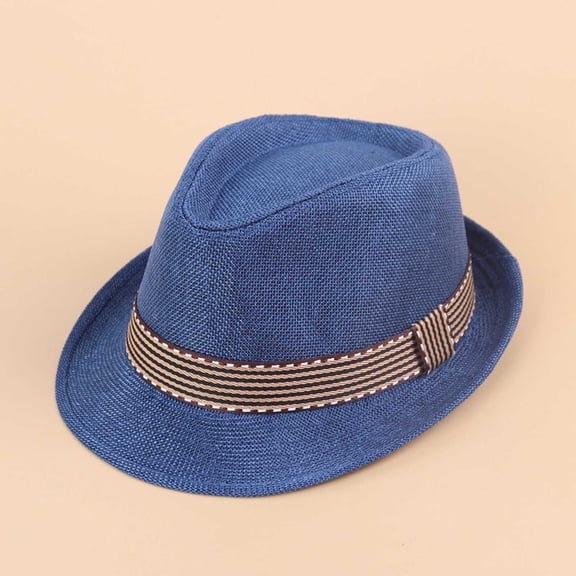 XIMIN Straw Fedora Sun Hat Jazz Cap Cotton Photography for Kids Boys Girls Roll Up Short Brim Trilby Hat Panama Beach Hat Short Brim Straw Sunhat (One Size, Blue)