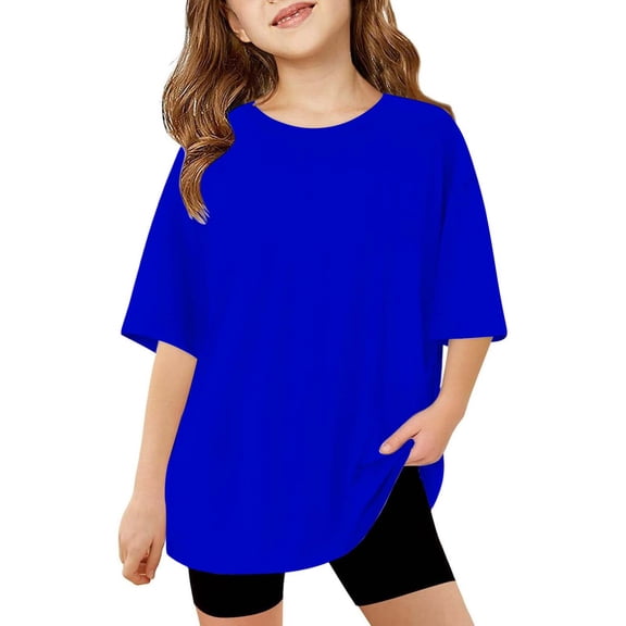 XIMIN T Shirts for Toddler Girls Summer Crewneck Summer Oversized Tops Short Sleeve Basic Tops Loose Fit Casual Beach Basic Tees (5-6 Years, Blue)