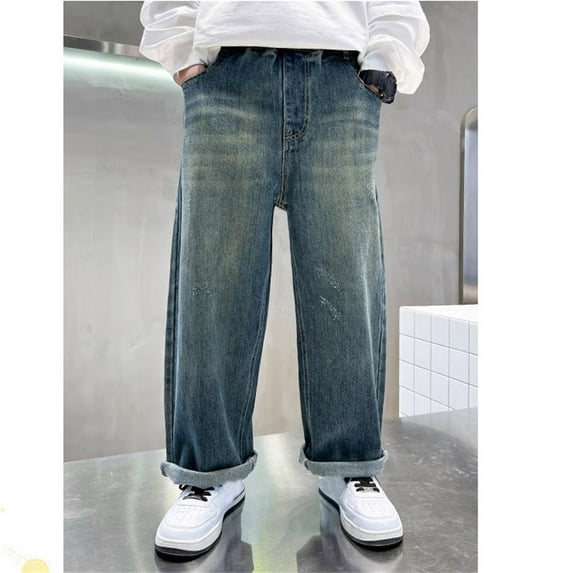 XIMIN Teen Boys Denim Jeans Pants Casual Baggy Wide Leg Cargo Pants Drawstring Elastic Waistband Loose Fit Lightweight Casual Trousers Streetwear (11-12 Years, Blue)