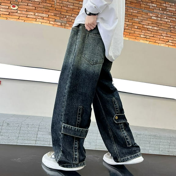 XIMIN Teen Boys Jeans Y2K Oversize Straight Wide Leg Baggy Denim Pants with Pockets Kids Casual Elastic Waist Loose Fit Trousers Pockets Streetwear