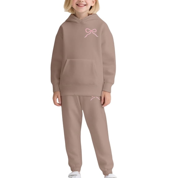 XIMIN Teen Girls 2 Piece Outfits Bow Print Cute Sweatsuit Hooded Long Sleeve Sweatshirt Joggers Sweatpants Activewear Pullover Trousers Trendy Set