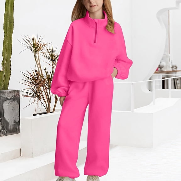 XIMIN Teen Girls 2PC Youth Fleece Outfits Solid Color Mock Neck Quarter Zipper Sherpa Hoodies and Baggy Wide Leg Pants Casual Sweatshirts Suits Fall Clothes