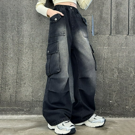 XIMIN Teen Girls Baggy Jeans Y2k Streetwear Denim Cargo Pants with Multi Pockets Distressed Elastic High Waist Floor Loose Wide Leg Clothes (11-12 Years, Black)