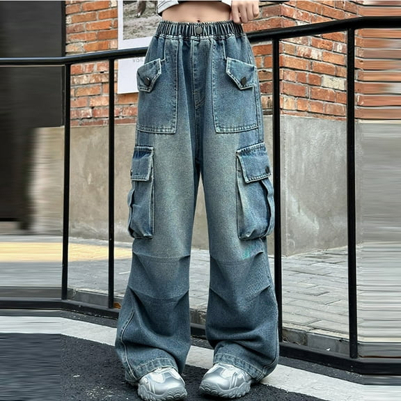 XIMIN Teen Girls Baggy Jeans Y2k Streetwear Denim Cargo Pants with Multi Pockets Distressed Elastic High Waist Floor Loose Wide Leg Clothes (7-8 Years, Blue)