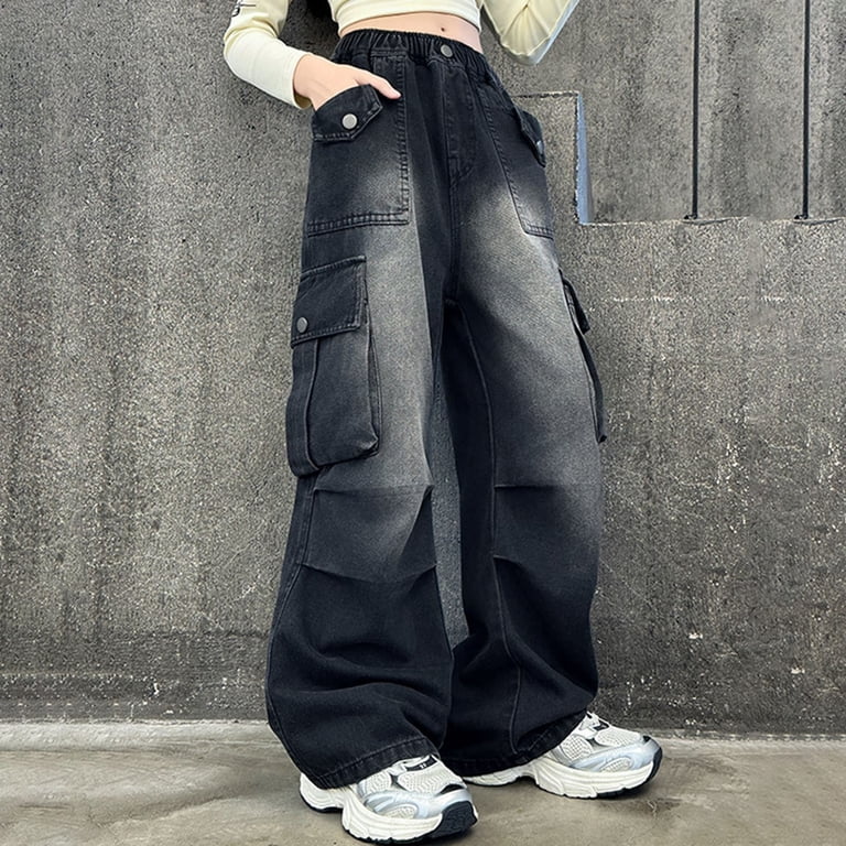 XIMIN Teen Girls Baggy Jeans Y2k Streetwear Denim Cargo Pants with 