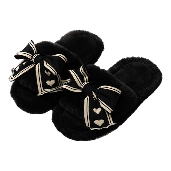 XIMIN Teen Girls Breathable Slippers Plush Flat House Shoes, Warm Velvet Indoor Slippers for Bedroom and Home Wear (Black, 7)