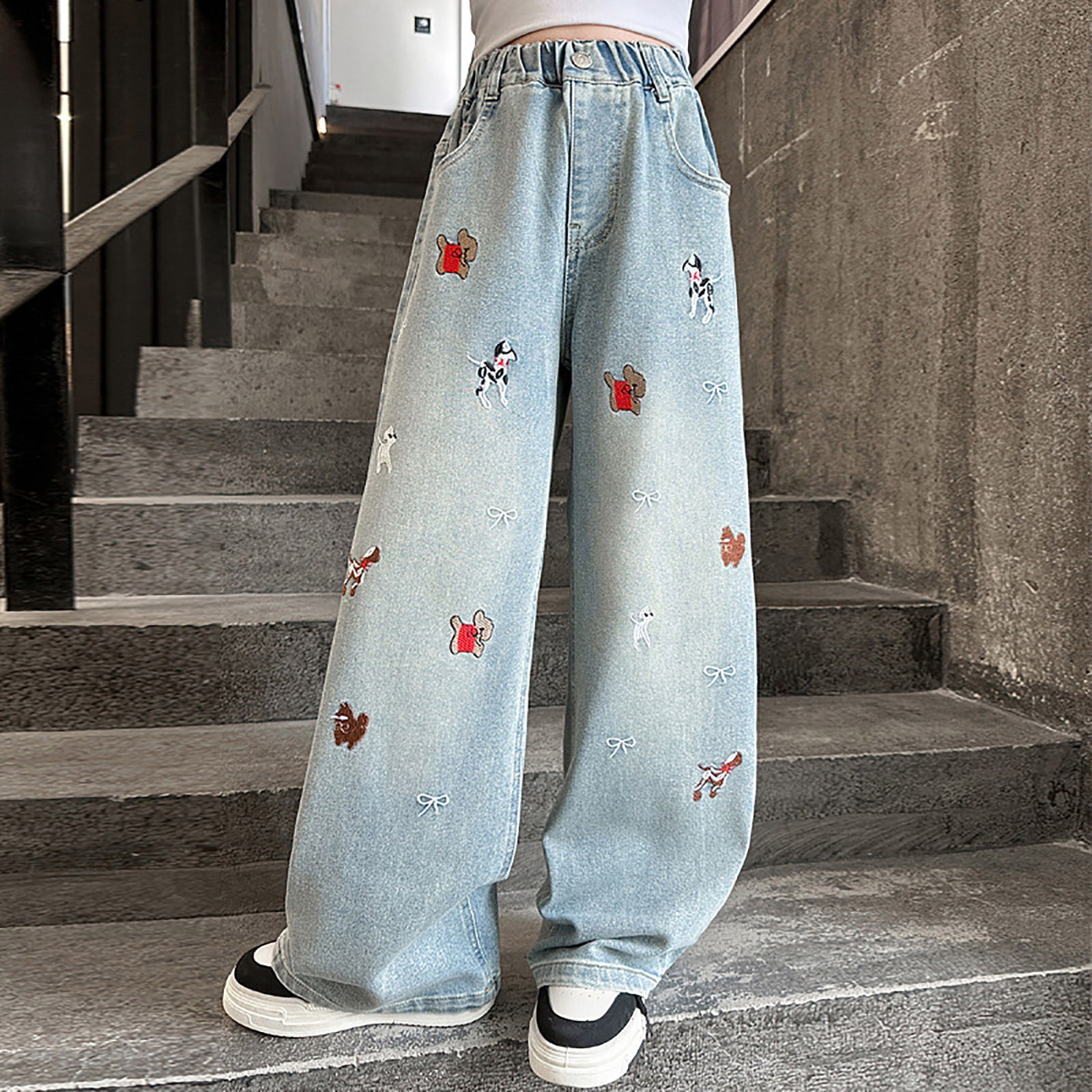 XIMIN Teen Girls Cute Cherry Print Embroidery Jeans Baggy Wide Leg