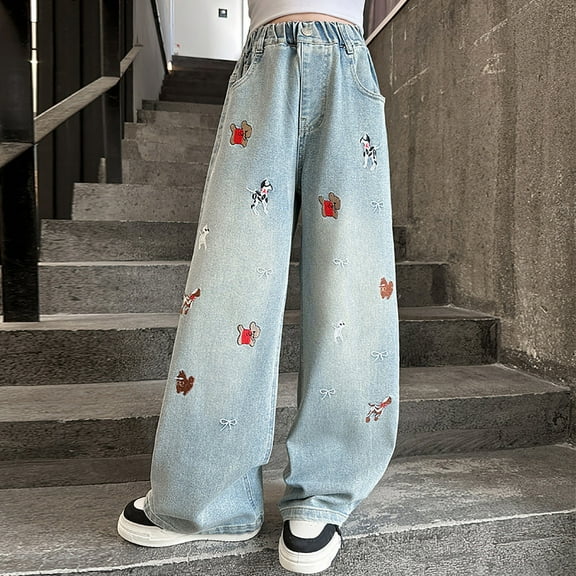 XIMIN Teen Girls Cute Cherry Print Embroidery Jeans Baggy Wide Leg Flare High Waisted Denim Pants Tween Kids Baggy Straight Leg Jeans Y2k Trousers