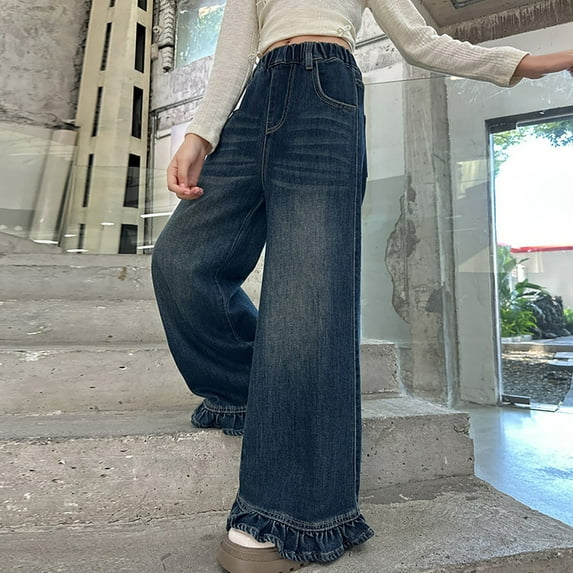 XIMIN Teen Girls Flare Leg Bell Bottom Jeans Kids Vintage Wide Leg Baggy Jeans Loose Denim Pants with Pockets Slim Fit Stretchy Bootcut Denim Pants