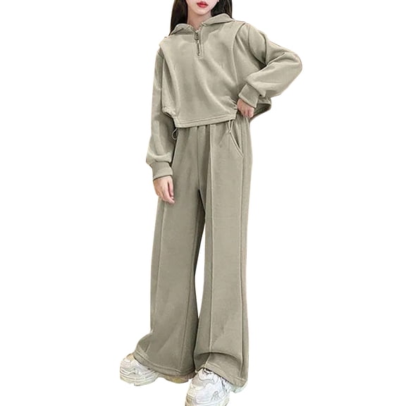 XIMIN Teen Girls Fleece Sweatsuit Sets 2PC 1/4 Zipper Hooded Crop Tops and Wide Leg Pants Sweatpants with Pocket Solid Color Clothes Tracksuit Outfits