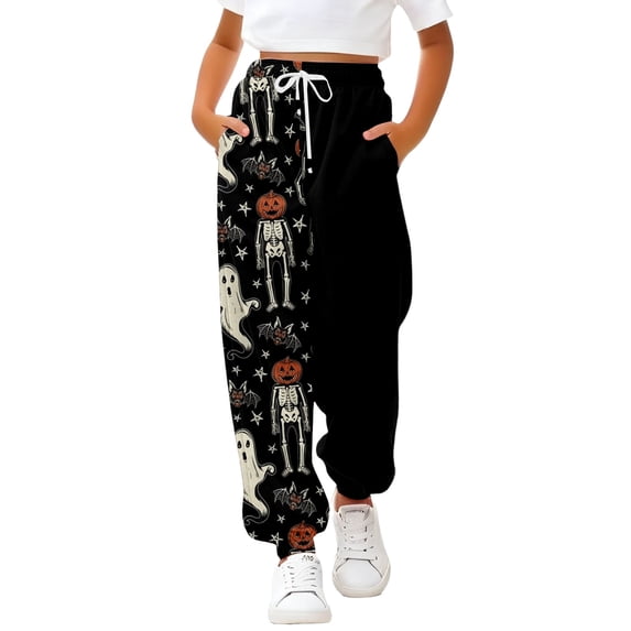 XIMIN Teen Girls Halloween Drawstrings Sweatpants Pumpkin Graphic Baggy Wide Leg High Waisted Bottom Active Joggers Pants Elastic Waist Warm Cotton Long Trousers