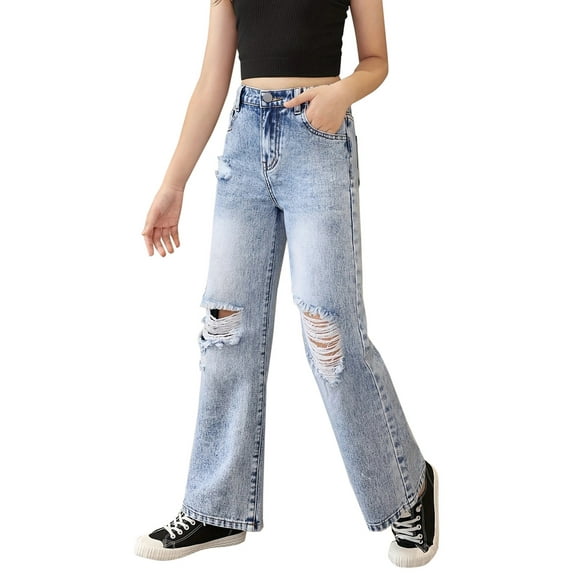 XIMIN Teen Girls Jeans Baggy Pants Wide Leg/Flare/Skinny Denim Ripped Elastic High Waist Ripped Casual Baggy Jeans Kids Wide Leg Distressed Denim Pants Clothes
