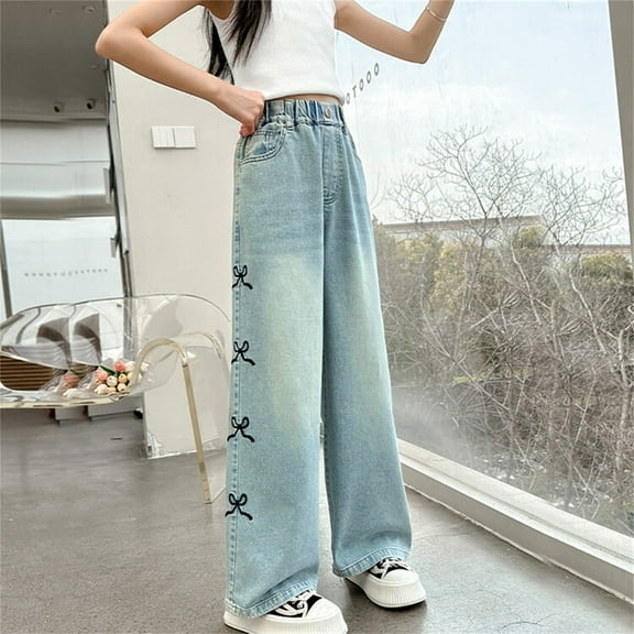 XIMIN Teen Girls Jeans Light Color Loose Bow Narrow Straight Pants Middle and Large Kids Wide Bedazzled Summer Jeans Softball Pants (12-13 Year, Blue)