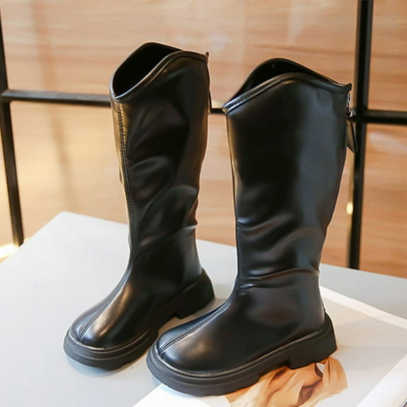 XIMIN Teen Girls Knee High Fashion Riding Boots Zipper Snow Boots Shoes Outdoor Warm Non Slip Knee High Boots Cosplay Pirate Boot (5-5.5 Years, Black)