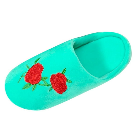 XIMIN Teen Girls Lightweight Slippers Women's New Rose Embroidered Soft Soled Indoor Non Slip Cotton Slippers House Slippers Lightweight Fuzzy Slip-on Shoes(Green,US 8)
