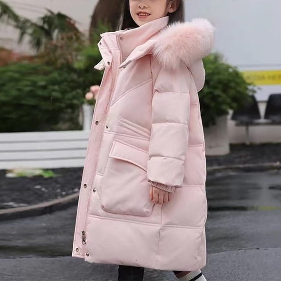 XIMIN Teen Girls Long Winter Parka Coats Faux-Fur Hood Thick Warm Insulated Puffer Jackets with Fur Trim Hood Kids Quilted Oversized Pockets Stylish Thermal Down Outwear