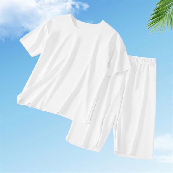 XIMIN Teen Girls Soft Solid Pajama Set Lightweight Loose Fit Plus Size Silk Short Sleeve Shirts and Shorts Breathable Comfy Summer Lounge Sets 2 Piece Outfit (8-9 Years, White)