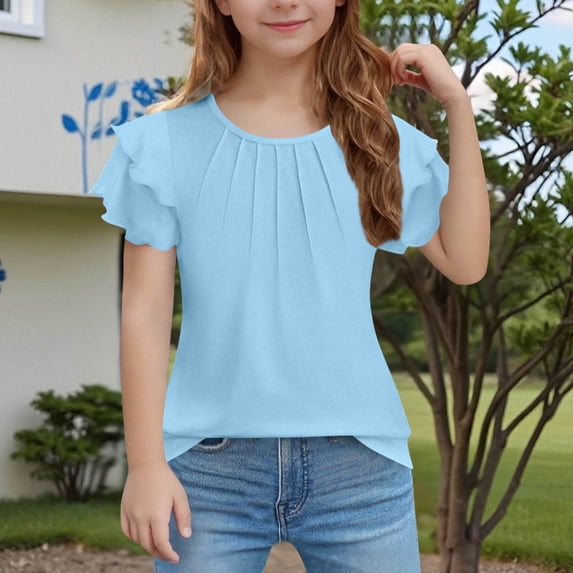 XIMIN Teen Girls Tunic T Shirts Ruffle Short Sleeve Crew Neck Tee Tops Dressy Blouses Trendy Flowy Tshirts Summer Solid Color Casual Pleated Loose Blouse