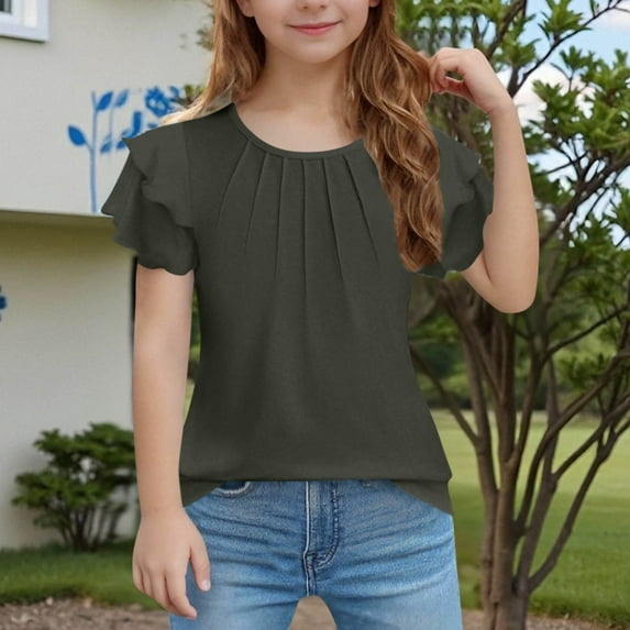 XIMIN Teen Girls Tunic T Shirts Ruffle Short Sleeve Crew Neck Tee Tops Dressy Blouses Trendy Flowy Tshirts Summer Solid Color Casual Pleated Loose Blouse