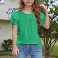 thumbnail image 1 of XIMIN Teen Girls Tunic T Shirts Ruffle Short Sleeve Crew Neck Tee Tops Dressy Blouses Trendy Flowy Tshirts Summer Solid Color Casual Pleated Loose Blouse, 1 of 6