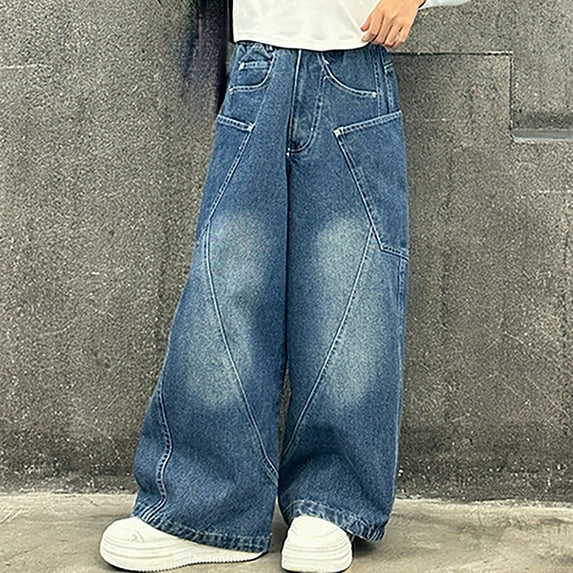 XIMIN Teen Girls Wide Leg Floor Denim Pants Cargo Jeans Baggy Loose High Waist Casual Trousers Vintage Streetwear Y2k Trousers with Pockets Straight