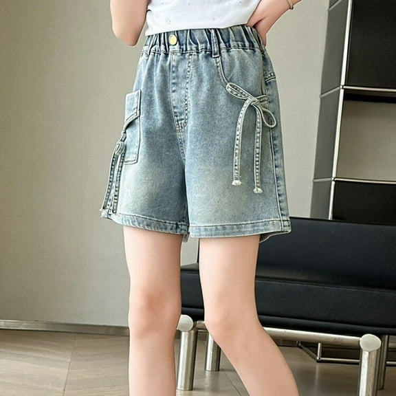 XIMIN Teen Kid Girls Cute Bow Tie Denim Shorts Elastic High Waist Pull On Midi/Mini Jeans Shorts with Pocket Summer Beach Kids Thin Casual Short Pants