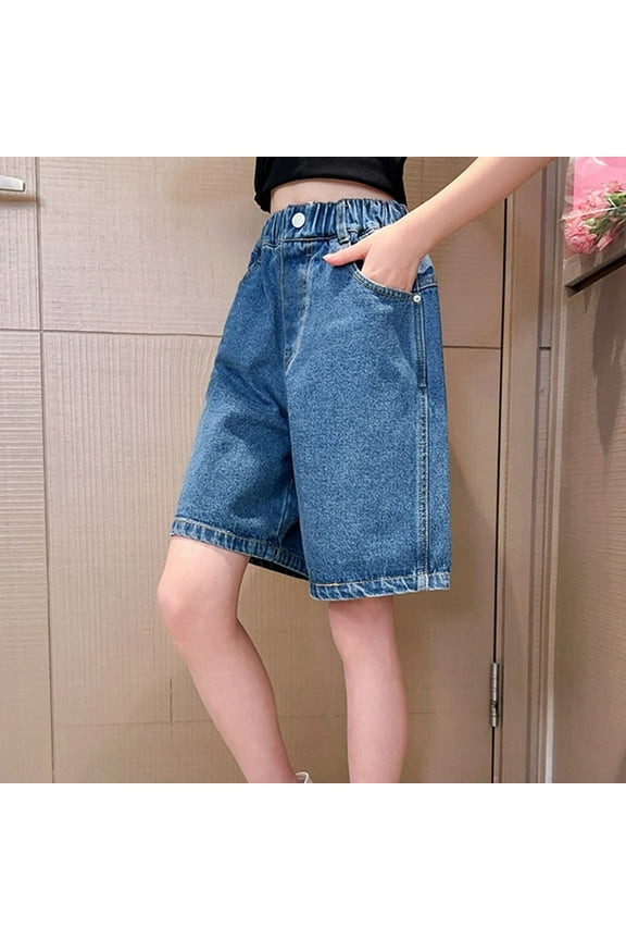 Teen Kids Girls Jorts Baggy Jeans Jorts Elastic Mid-Low Waisted Straight Leg Denim Y2K Shorts Summer Hot Short with Muti Pockets Streetwear