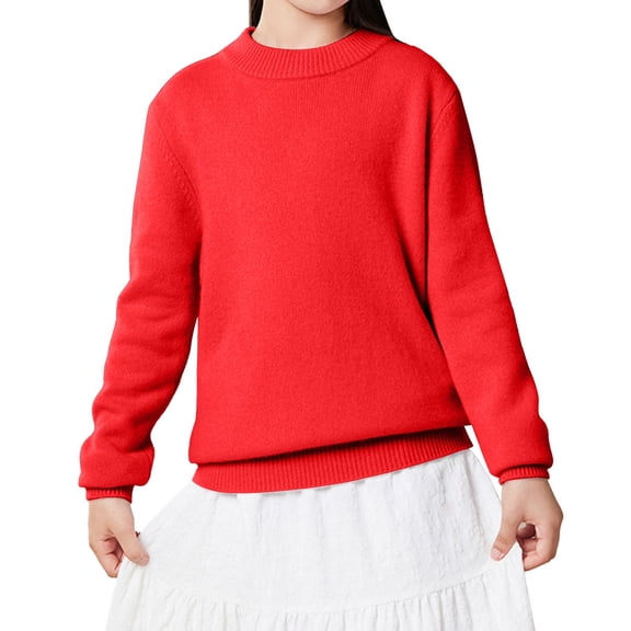 XIMIN Teen Knit Sweaters Girls Thickened Solid Color Wool Knitted Bottoming Sweater Loose Long Sleeve Jumpers Casual Soft Cotton Crew Neck Pullover Winter Warm Sweater