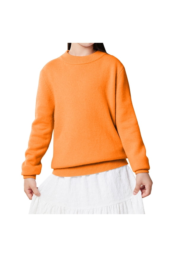 Teen Knit Sweaters Girls Thickened Solid Color Wool Knitted Bottoming Sweater Loose Long Sleeve Jumpers Casual Soft Cotton Crew Neck Pullover Winter Warm Sweater