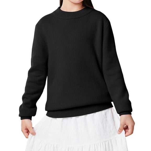 XIMIN Teen Knit Sweaters Girls Thickened Solid Color Wool Knitted Bottoming Sweater Loose Long Sleeve Jumpers Casual Soft Cotton Crew Neck Pullover Winter Warm Sweater