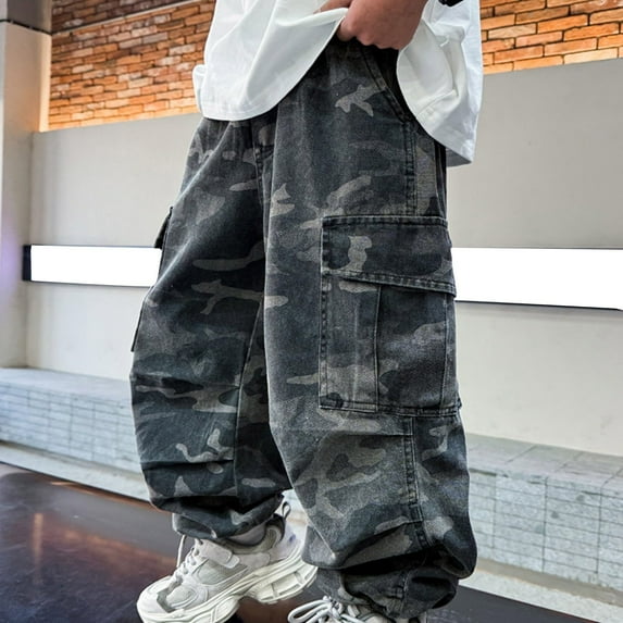 XIMIN Teens Boys Baggy Vintage Camo Jeans Kids Y2k Casual Streetwear Wide Leg Loose Cargo Jeans Hip Hop Skater Trousers Elastic Waist Denim Pants Trousers Streetwear