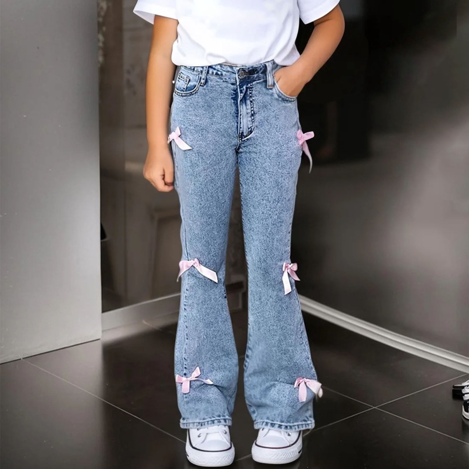XIMIN Teens Girls Legging Jeans Flare Bell Bottom Bow Jeans High Waist ximin-teens-girls-legging-jeans-flare-bell-bottom-bow-jeans-high-waist